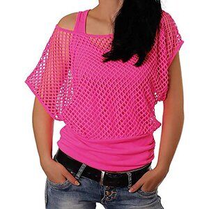 Women Neon Off Shoulder T-Shirt 80s Costume Casual Lightweight Plus Size
